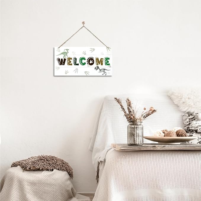 Welcome Sign for Front Door, Playroom Wall Decor, Dinosaur Theme Wall Hanging Decor, Gift for Dinosaur Lover, Funny Wooden Outdoor Front Door Hanging Decoration 13.8X6.9 inches