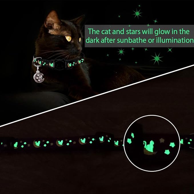 2Pcs Breakaway Cats Collars Cat Collars for Boy & Girl Cats Moons Adjustable Kitten Collars with Bell & Pendant Glow in The Dark,Purple+Black