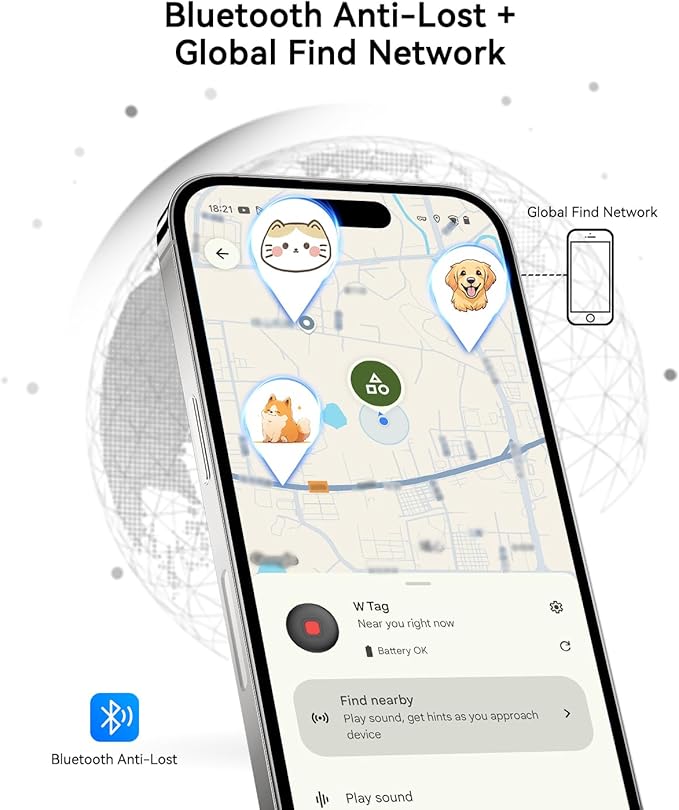 Bluetooth Dog Tracker Tag, Pet Tracker for Dogs with Silicone Collar Holder, Works with Apple Find My & Android Find Hub, IP67 Waterproof Anti-Lost Locator, White 1 Pack