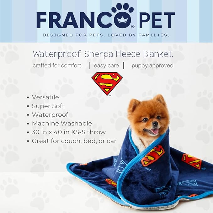 Franco Pet Superman DC Comics Super Soft Cozy Waterproof Sherpa-Backed Blanket Throw for Small Dogs, Couch/Bed/Car, 30x40 (Officially Licensed Product)