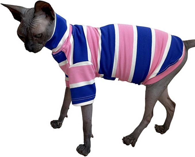 Vintage Stripes Sphynx Hairless Cats Shirt Cotton Cat Turtleneck Pet Clothes Kitten T-Shirts with Sleeves for Sphynx Cats (Wide Pink Blue Stripe, X-Large)