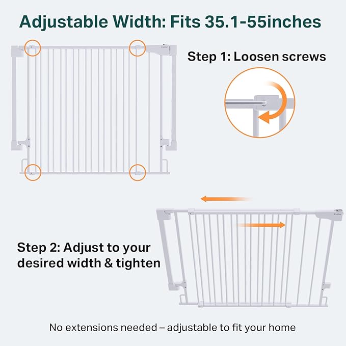 Cumbor 35.1-55" Wide No Bottom Bar Baby Gate for Stairs, 2-in-1 Auto Close Dog Gate Indoor, Hardware Mounted Pet Gate for Doorways with Large Walk Thru Door, Child-Proof Safety Gate for Kids (White)