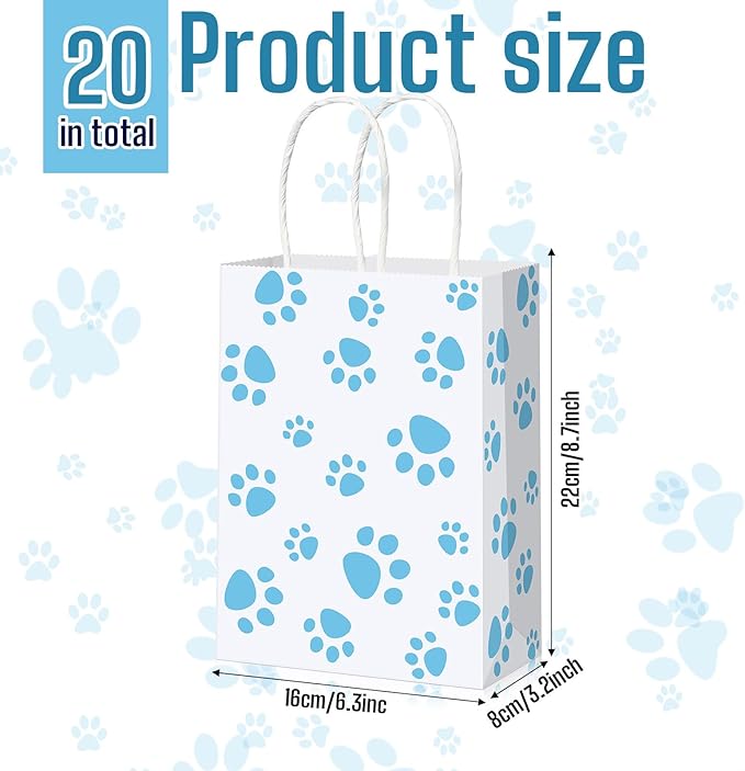Blulu 20 Pcs Puppy Dog Paw Gift Bags with Paper Twist Handles, Dog Gift Paper Paw Treat Goodie Bags for PET Treat Party Favor, 6.3 x 3.1 x 8.6 Inch(White Backing, Blue Paws)