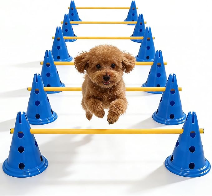 Dog Agility Hurdle Cone Set, Dog Agility Course Backyard Set with Height Adjustable Crossbar for Rehabilitation & Beginners, Dog Agility Equipment for Dog Obstacle Course Training Starter - 12 Inch