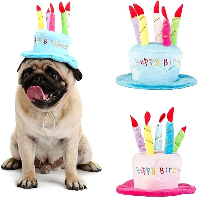 Cute Adorable Dog Cat Birthday Cake Hat Pet Cap Headwear Hat with 5 Color Candles Design Party Custom Accessory (One Size fits Most) (Blue)