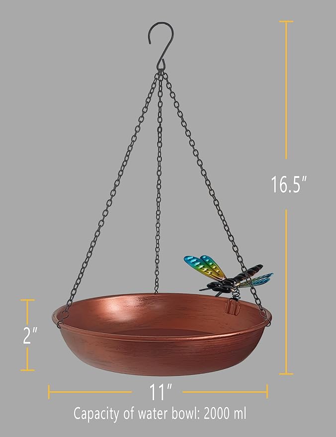Hanging Birdbath Bird Feeder for Outdoor 11” Antique Copper Cute Small Metal Bird Bath Bowl with Detachable Black Chain Metal Dragonfly for Garden Backyard Decor
