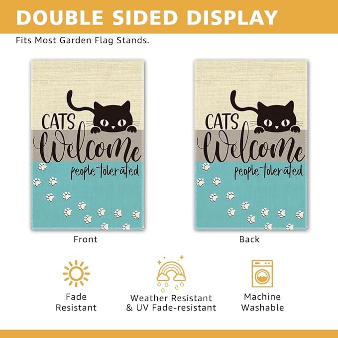 Cats Welcome People Tolerated Garden Flag, Pet Lover Porch Flag, Outdoor Home Decor Double Sided Yard Flags Banner for Patio Lawn, Cat Lovers Gifts for Women, Cat Owner Gifts