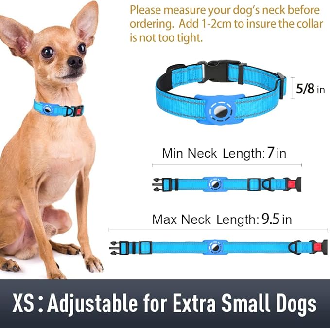 Airtag Dog Collar with AirTag Holder for Puppy Small Dogs, Reflective, Soft Padded & Safety Locking Buckle, Nylon Pet Collars Adjustable for All Breeds, SkyBlue,XS