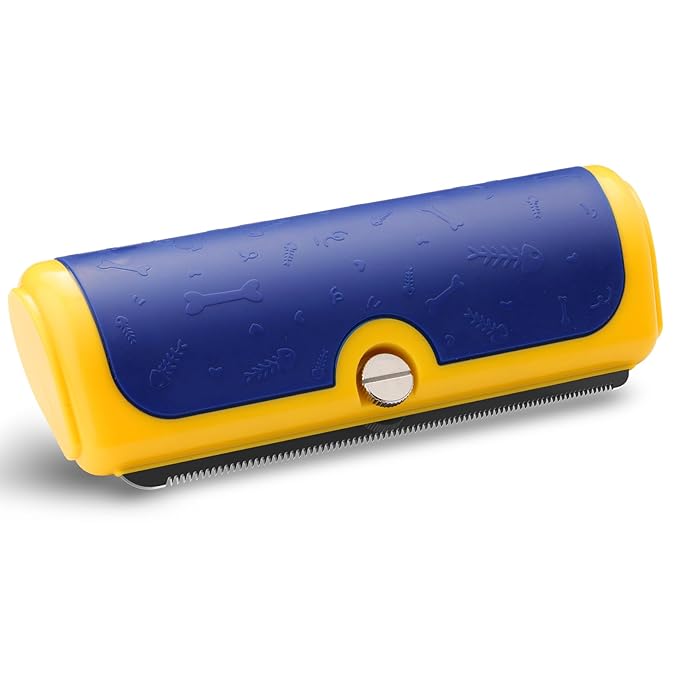 Dog Deshedding Brush & Shedding Blade, Everyday Undercoat Grooming Tool for Short & Medium Fur and Double Coats, Replaceable Metal Blade, Ergonomic Handle, Blue & Yellow