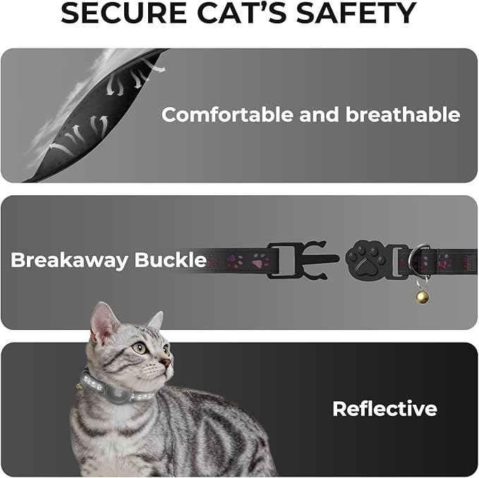 AirTag Cat Collar, Breakaway Cat Air Tag Collar, Reflective Cat Collar with AirTag Holder and Bell, [Lightweight & Scratch Resistant] Adjustable Comfortable GPS Pet Collar for Cats Kittens, Black