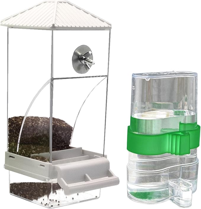 No Mess Bird Feeder Water Dispenser Set, Automatic Bird Feeder for Cage Transparent Acrylic Food Container Drinker Cage Accessories Parakeet Cockatiel Lovebird Finch (White)
