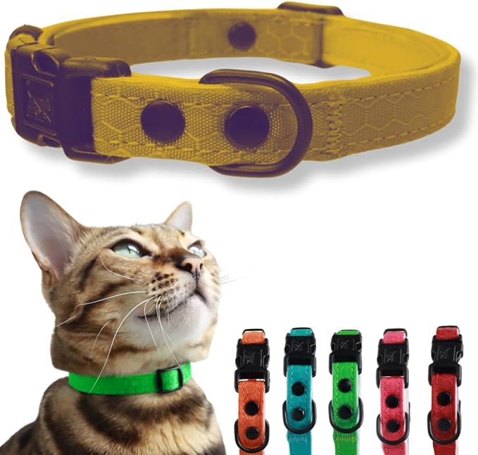 OutdoorBengal Durable Cat Collar Breakaway with Soft Padding Medium to Large Cats - Thin Heavy Duty Tactical Fabric, Comfortable, Quick Release Cat Collars, No Bell Collar (Black Reflective, Kitten)