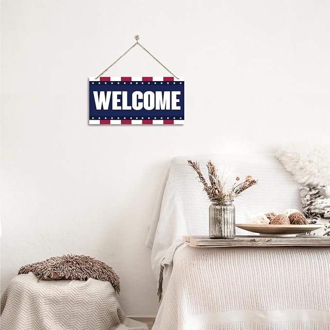 Welcome Sign for Front Door, Welcome Decor Wooden Hanging Sign, Patriotic American Theme Wall Hanging Decor, Funny Wooden Outdoor Front Door Decoration 13.8X6.9 inches