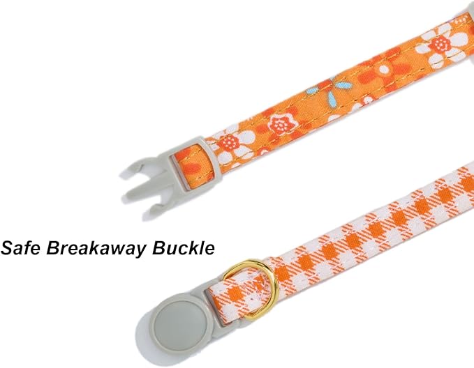 Bowtie Cat Collar with Bell 2 Pack Cotton Breakaway Kitten Collars with Removeable Bunny Ear Stylish Cat Collars(Floral Orange & Plaid)