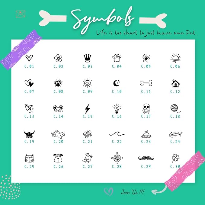Silent Silicone Dog Tags, Custom Engraved Pet ID Tags for Cats and Dogs, Personalized Small Size Cat Tags with Cute Designs (Symbols, Regular)