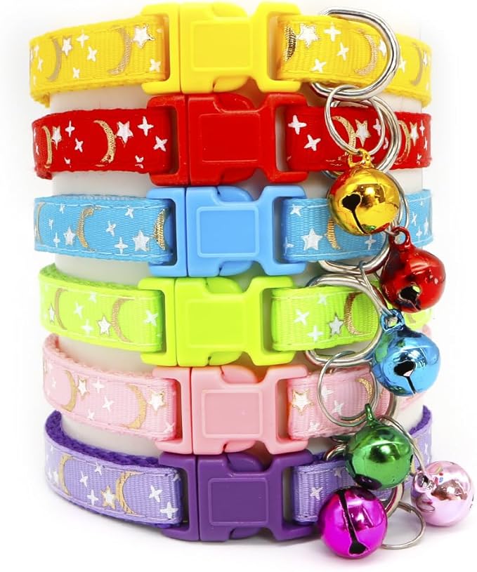 Reflective Cat Collars Breakaway with Bell Moons Stars 2 Pack Girl Boy Pet Kitten Collar Adjustable 7.5-12.5 Inch (Green)