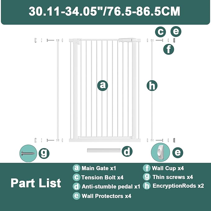 40.55" Tall, 30.11-34.05 Inch Wide, 1.37" Ultra Narrow Spacing Dog Pet Baby Gate Indoor for Doorway Hallway, Pressure Mounted 31 32 33 34 Inches Wide