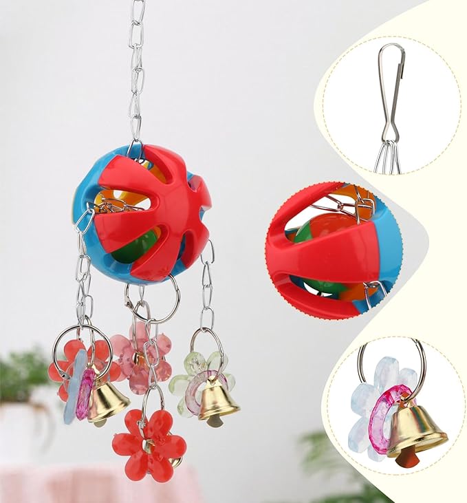 Hypeety Pet Parrot Toy Plastic Colorful Birds Ball with 1 Bell for Budgie African Grey Cockatoo Cockatiel Sun Conures 1 Ball with Plastic Flowers