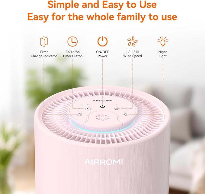AIRROMI Air Purifier for Bedroom with HEPA 3-in-1 Filter, Pet Air Purifier for Home Cat Pee Smell, Covers Upto 990 Ft², Quiet 360° intake Air Cleaner for pet hair,allergies,Dust,Smoke A2001 Pink