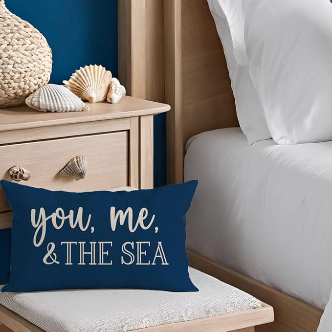 PANDICORN Summer Beach Throw Pillow Cover 12x20 Inch Sayings You Me and The Sea Ocean Sea Coastal Blue Outdoor Nautical Decorations Lumbar Decorative Cushion Case for Home Living Room Sofa Couch Decor