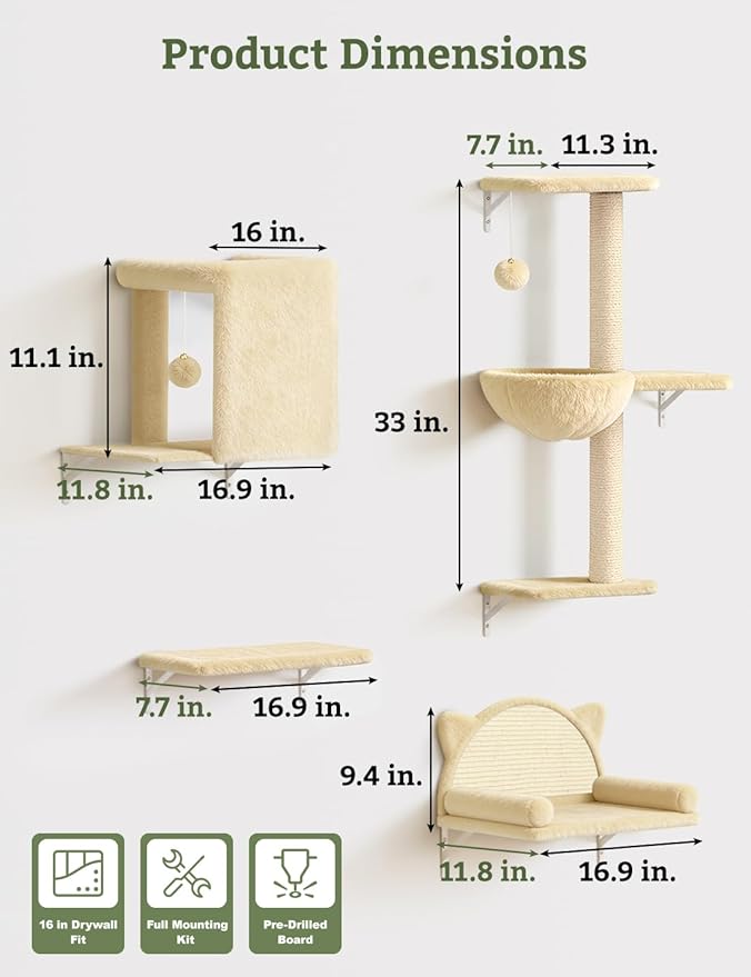5-in-1 Cat Wall Shelves, Solid Wood & Velvet & Sisal Scratcher, 44lbs Max Load, Wall Mounted Cat Furniture for Climbers, Cat Climbing Wall System, Fits Drywall & Solid Walls - Beige