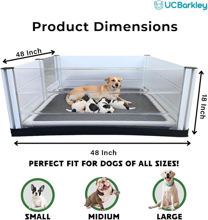 Whelping Box for Dogs and Puppies with Clear Window Panel – Modular, Easy-Clean, Safe Design with Pig Rail, Floor Liner & Washable Pad | UC Barkley Premium 48 Inch