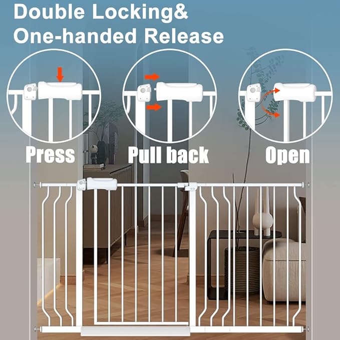 57.5-62" Extra Wide Baby Gate for Doorways,30" Tall Double Lock Mechanism Metal Dog Gate Pressure Mount，Automatic Closing Child Safety Gate,White