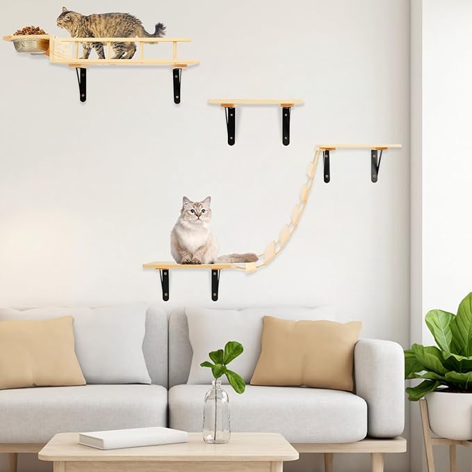 Cat Wall Shelves - Stable & Safe 5 in 1 Cat Walls Furniture Set, Wooden Kitten Climbing Wall with Bridge Ladder & Wall Steps