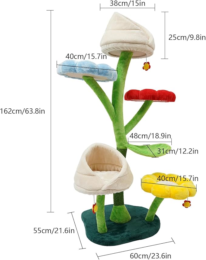 Cat Tree, 6-Tier Cat Tower for Large/Small Cats Climbing, 63.8inch Tall Cat Flower Tree with Resting Platforms & Scratching Posts, Cats Activity Center Playground, Load Capacity 22lbs (Multicolor)
