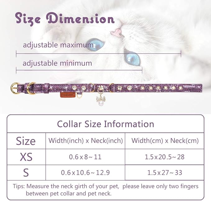PetsHome Cat Collar, Dog Collar, [Bling Rhinestones] PU Leather Adjustable Pet Collar with Luxury Pendant for Cat and Small Dog Extra Small Purple