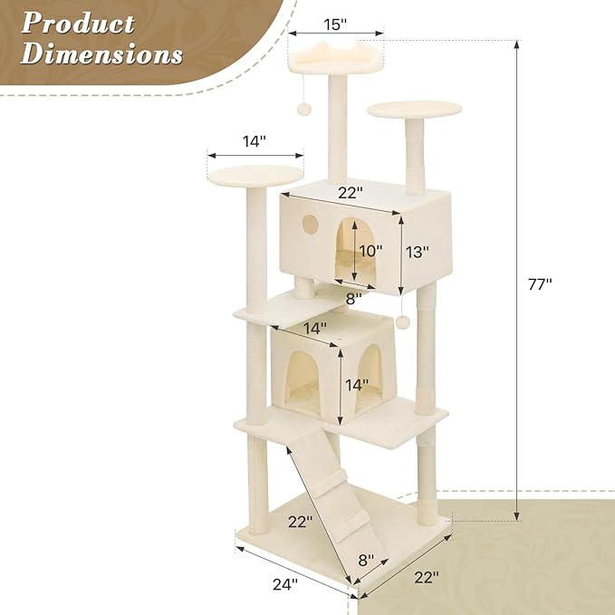 Athena Collection Cat Tree, 77 Inch Cat Tower for Indoor Cats, Multi-Level Cat Tree Tower Activity Center with 2 Cat Condo & Cat Scratching Post & Dangling Ball, Tall Cat Tree, Beige
