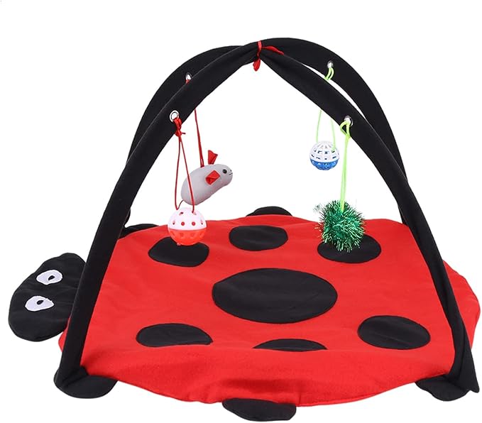 Foldable Cat Activity Play Mat Tent, Multi Function Cat Tent Activity Center with Hanging Toy, Cat Activity Center Pet Kitten Cushion Bed Hanging Balls Padded House Center for Cats Exercise Stay