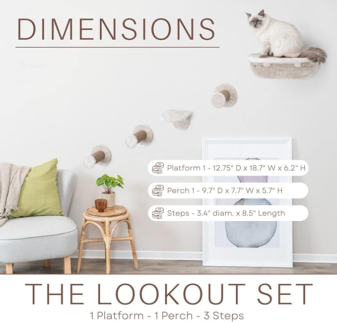 Trixie Wall Mounted Cat Lookout Set – Climbing Shelves with Sisal Steps & Plush Platforms – Wall-Mounted Cat Shelves for Scratching & Lounging – Light Gray-Greige, 12.75 x 18.75 x 6.25 in