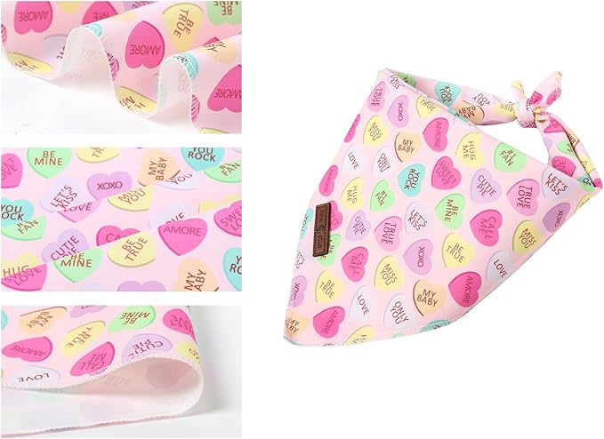 Lionet Paws Valentine's Day Dog Bandana Washable Cotton Beige Handkerchief Scarf Triangle Love Letter Bandana for Small Medium Dogs Girl Boy