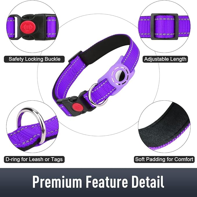 Airtag Dog Collar with AirTag Holder for Large Dogs, Reflective, Soft Padded & Safety Locking Buckle, Nylon Pet Collars Adjustable for All Breeds, Purple,XL