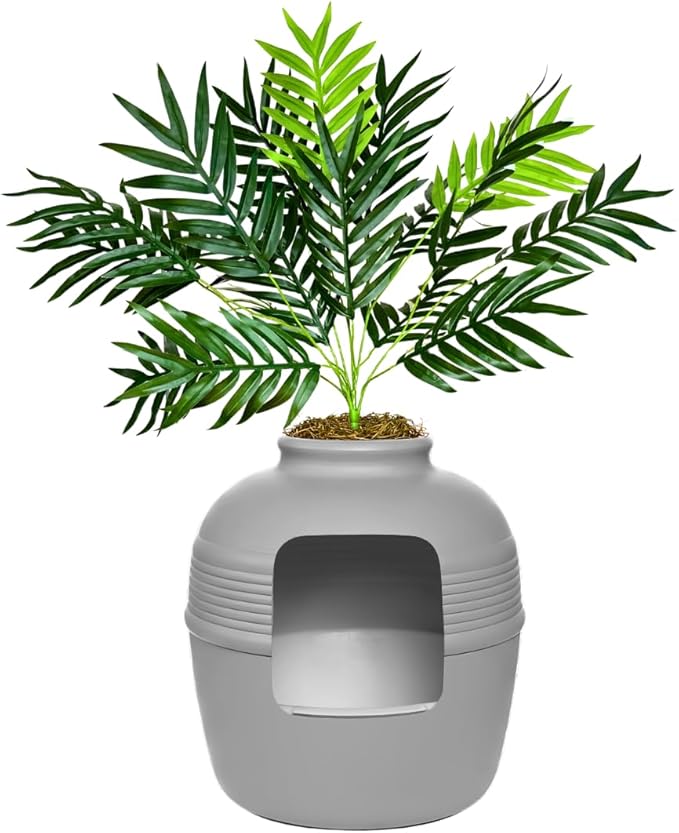 Good Pet Stuff Hidden Litter Box Planter, Decorative Cat Litter Enclosure with Carbon Filter, Artificial Plant, Easy Clean, Removable Liner, Round Style, Essentials Kit, Pebble Gray