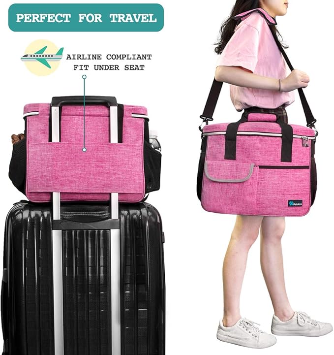 PetAmi Dog Travel Bag - Travel Pet Organizer with Food Container and Bowls, Perfect for Weekend Camping or Gifting - Pink, Medium