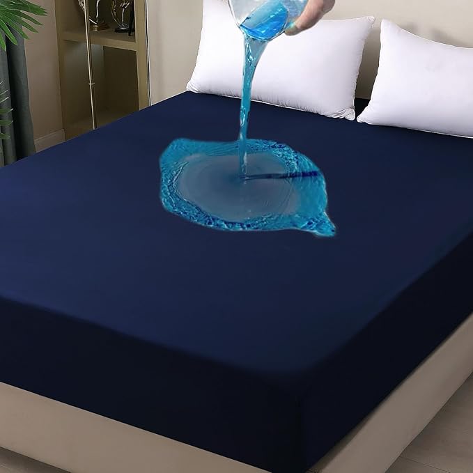 Waterproof Mattress Protector Queen, Fitted Sheet Style Breathable Mattress Cover with Deep Pocket Fits Up to 18'', Noiseless Bed Cover for Kids Adults Pets, Machine Washable (Navyblue, 60'' X 80'')