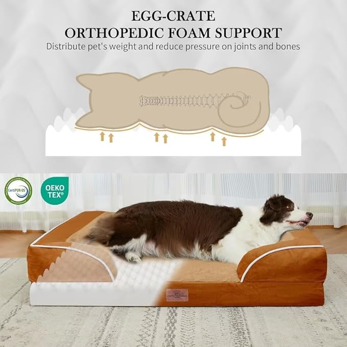 Comfort Expression Orthopedic Dog Bed for Extra Large Dogs 53x42 Inch, Waterproof Supportive Egg Crate Foam XXL Pet Bed with Removable Bolsters, Dog Couch with Washable Cover & Non-Slip Bottom, Orange