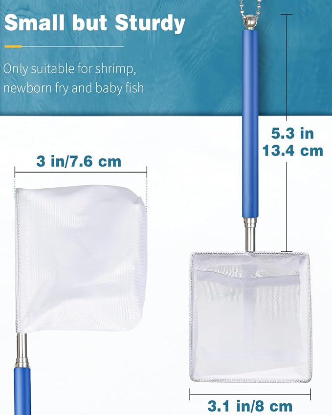 Pawfly 3 Inch Tiny Fish Tank Net, Aquarium Shrimp Net with Extendable Stainless Steel Handle for Shrimp Baby, Food Residue Debris, Soft Square Fine Mesh for Fish Tanks & Small Ponds
