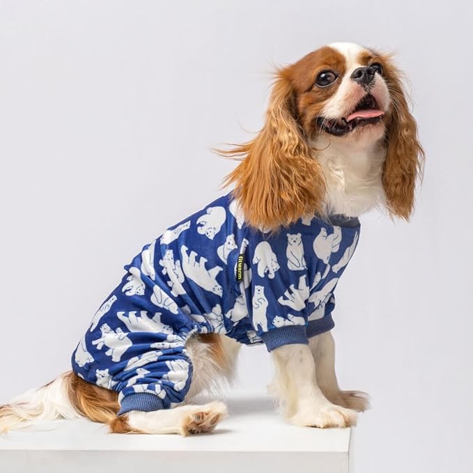 Fitwarm Polar Bear Dog Pajamas, Dog Clothes for Small Dogs Girl Boy, Pet Onesie with Feet, Cat Outfit, Lightweight Velvet, Royal Blue, White, XL