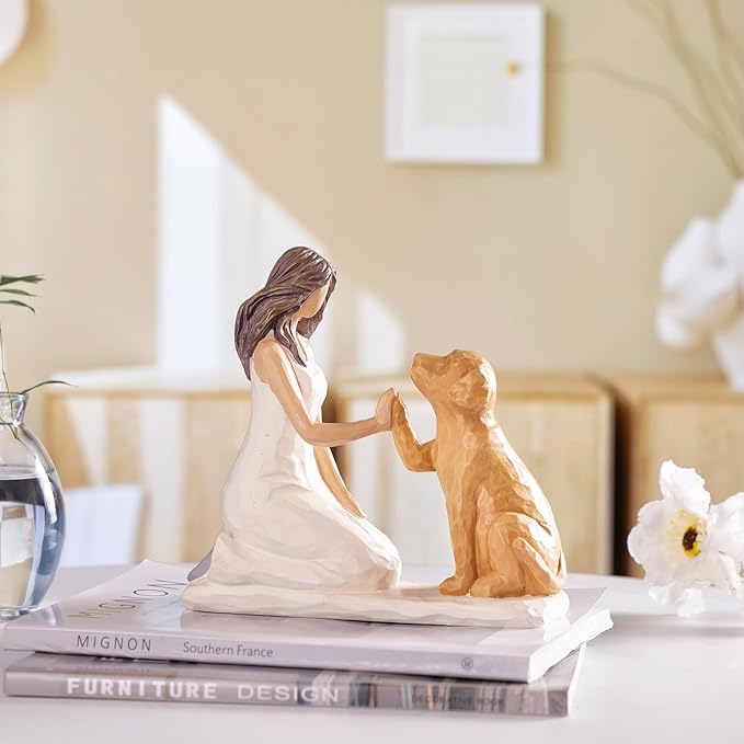BUTILIVEEN Resin Woman with Dog Figurines, Sympathy Dog Memorial, Pet Loss Gifts, Golden Retriever, Labrador Gifts, Home Bedroom Living Room Tabletop Shelf Decor