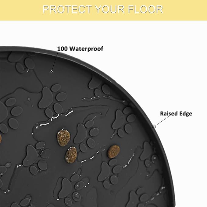 Dog Food Mat - Waterproof Silicone Cat Mat for Food and Water, Pet Food Mat with Edges for Protecting Floors(1Pack Black)