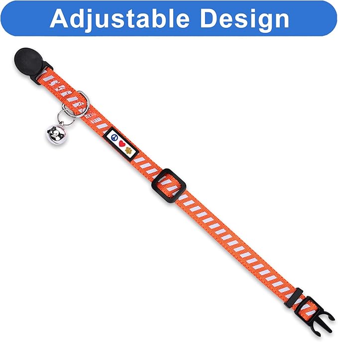 Pawtitas Personalized Orange Reflective Cat Collar – Adjustable Custom Collar with Safety Buckle, Removable Bell, and Engraved Name & Phone Number for Kittens and Adult Cats