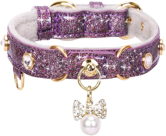 PetsHome Cat Collar, Dog Collar, [Bling Rhinestones] PU Leather Adjustable Pet Collar with Luxury Pendant for Big Cat and Small to Medium Dog Small Purple
