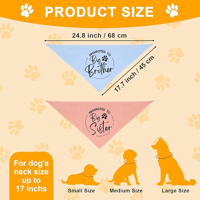 2 Pack Dog Bandana Pregnancy Announcement, Promoted to Big Brother and Sister Gender Reveal Puppy Dog Scarf Accessories, Adjustable Pet Bandana Scarf for Small Medium Large Dogs