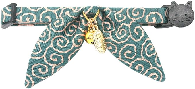 PetSoKoo Bunny Ears Cat Collar, Japan Lucky ‘開三運’ Charm. Safety Breakaway Bowtie Kitten Collar with Bell, Light Blue