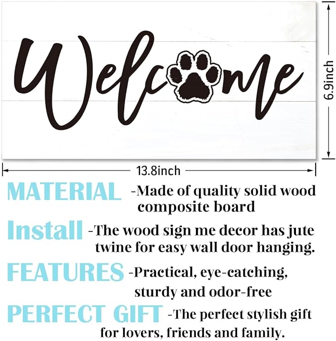 Welcome Sign for Front Door, Welcome Decor Wooden Hanging Sign for Wall Decor, Cat's Paw Pattern Wall Signs, Rustic Funny Wooden Outdoor Front Door Hanging Decoration 13.8X6.9 inches