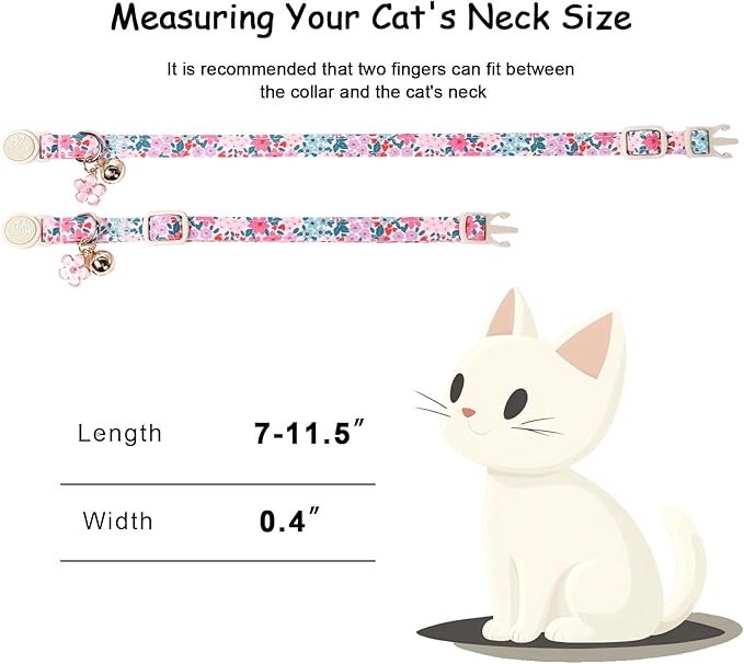 2 Pack Cotton Cat Collars - Cute Breakaway Cat Collar with Bell, Strawberry and Flower Pendant, Spring Summer Adjustable Kitten Collars for Girl Cats, Sweet Floral Fruit