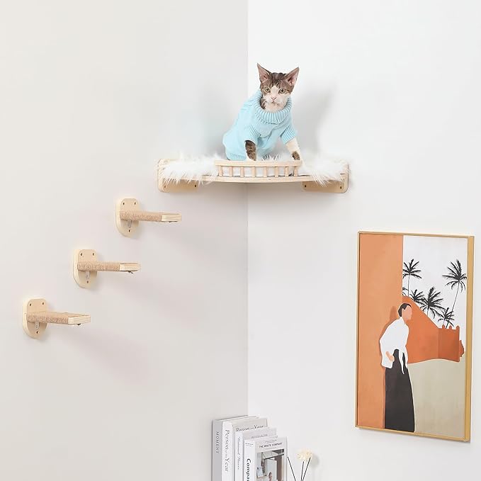 Large Cat Shelves with 3 Steps, Wall Mounted Cat Climbing Shelf with Plush Covered Bed, for Indoor Cats (Wood)